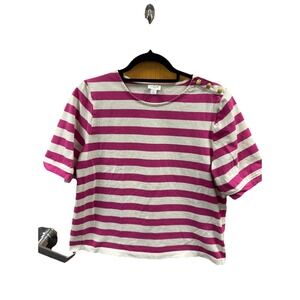 J.CREW Top Womens L Nautical Stripe Boxy Short Sleeve Cotton Pink W/ Gold Button